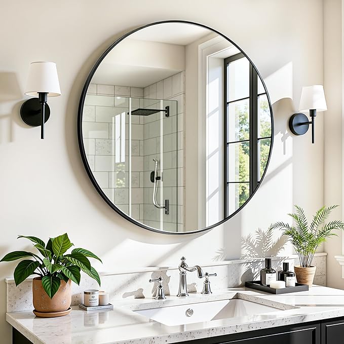 Antok Wall Mirror, 18"x18" Bathroom Vanity Mirror, Anti-Rust HD Tempered Glass, Wall Mounted Mirrors for Living Room, Entryway, Black Frame, Round