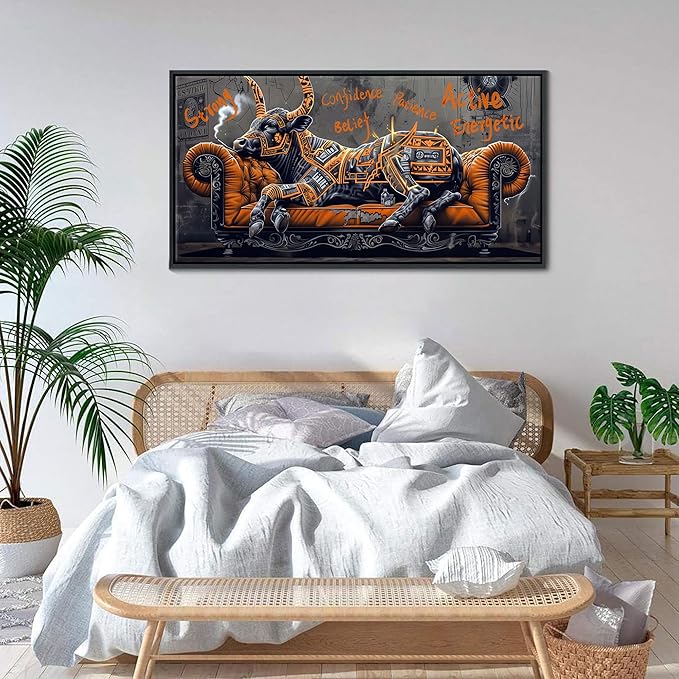 JEAWA Framed Canvas Wall Art - Creative Wall Art for Bedroom Living Room Bathroom, Modern Artwork Decor for Home Decoration, Strong Bull Color Graffiti, 20x40 IN
