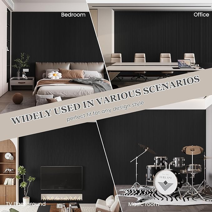 4 Pack 105.9" x 12.6" x 0.8" Acoustic Wall Panels Sound Absorbing, Wood Slat Wall Panels for Wall Decor, Soundproof Wood Wall Panels, Matte Black