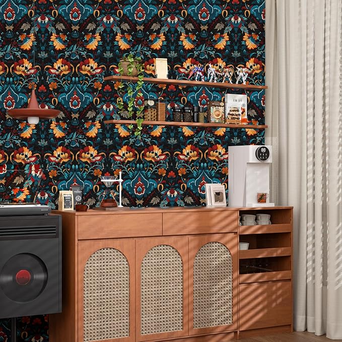 Black Floral Peel and Stick Wallpaper Boho Leaf Contact Paper Red Flower Removable Self Adhesive Waterproof Wall Paper for Cabinet Drawers Wall Decor Renter Friendly 17.5''x118.1''