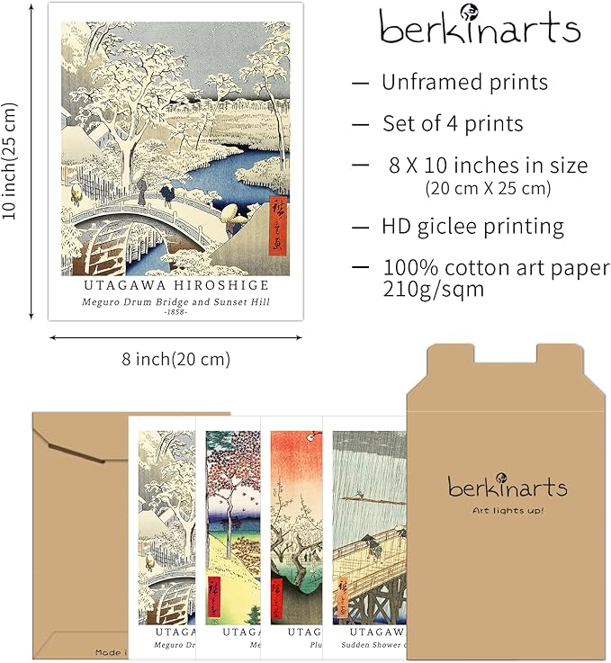 Berkin Arts Wall Art Unframed Prints Giclee Art Paper Set of 4, 8x10 inch Japanese Ukiyo-e Artwork, Bathroom Decoration Aesthetic Rustic Nature Colorful Wilderness Elegant Utagawa Hiroshige Poster