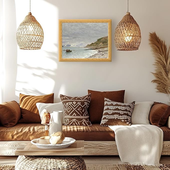 Brivoria Framed Canvas Wall Art Vintage Decor, Coastal Landscape with Cliff Rowboat Pebble Shore and Distant Horizon Beneath Cloudy Sky for Living Room Statement Wall or Gallery Display, 16"x20"