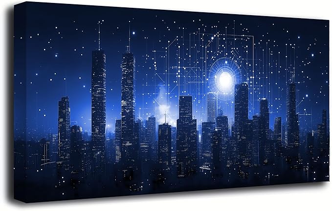 Night Stars City Wall Art Bedroom Wall Decor Living Room,Night Tall Buildings Canvas Wall Art Office Farmhouse Paintings Artwork Modern Blue Cityscape Wall Art Prints Pictures 20 * 40inch