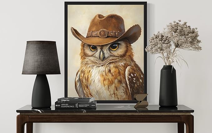 Owl Cowboy Art Print Poster Wall Art, Western Country Farmhouse Wild West for Bedroom, Bathroom, Living Room Art Decor 58 (Owl, 8 x 10 inches, Black Frame)