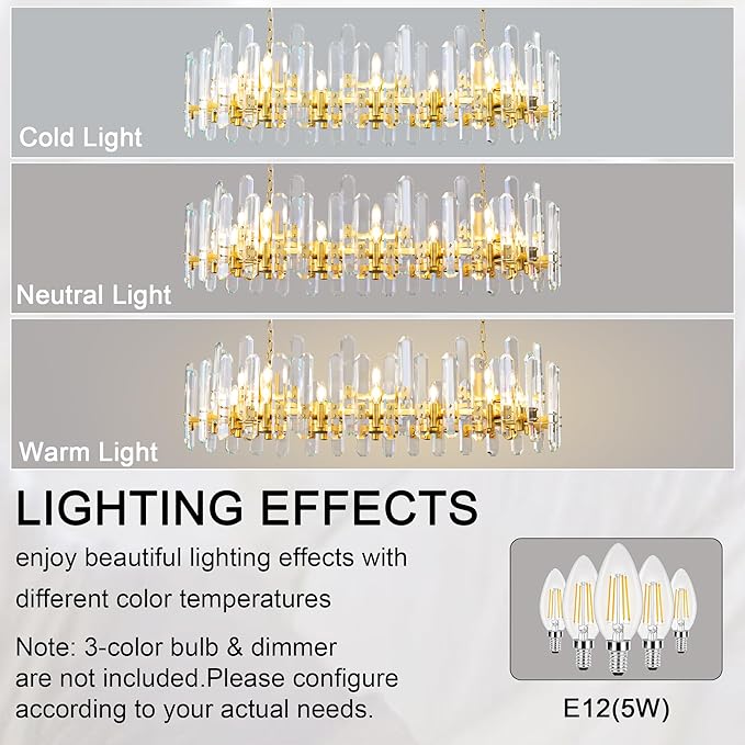 54" Modern Gold Crystal Chandelier, 24-Light Luxury Rectangular Chandelier for Dining Room, Kitchen Island, Living Room, Bedroom, Foyer, Contemporary Adjustable Chain Chandeliers K9 Light Fixture