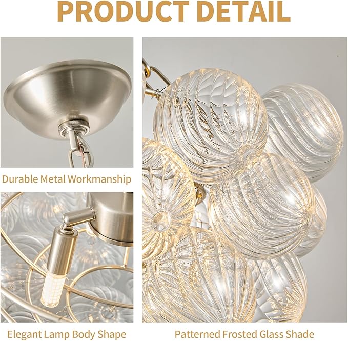 Nordic Bubble Ball Swirled Modern Chandelier,Dia 20 Inch Bubble Lighting, Nickel and Clear Glass Lighting with Chandelier Light,for Bedroom Study Restaurant