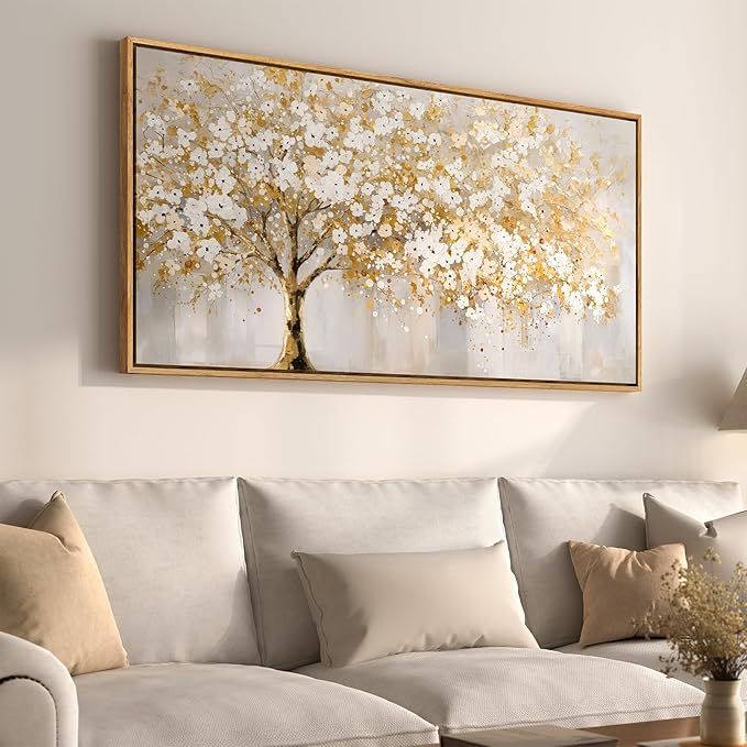 Large Framed Gold Tree of Life Wall Art, Neutral Gold Tree Canvas Painting Prints for Modern Rustic Home Decor, Gray White Golden Artwork for Living Room Kitchen Dining Room Bedroom Office, 20x40 In
