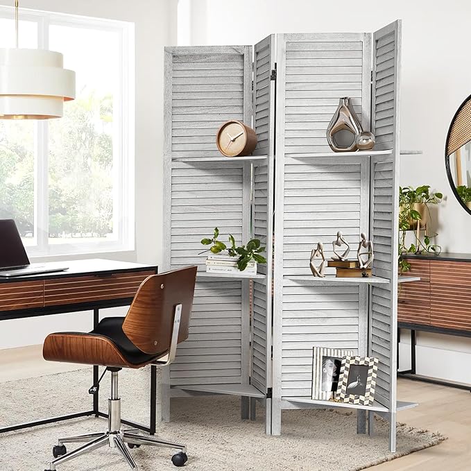 4 Panel Room Divider 5.6FT Louvered Design Room Dividers with Display Shelves Folding Privacy Screens Portable Freestanding Partition Wall Dividers for Bedroom & Office, Retro White