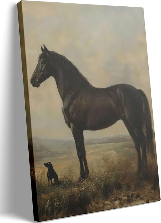 Vintage Horse Wall Art Horse and Dog Farmhouse Canvas Wall Decor Rustic Classic Horses Posters Pictures Western Style Horses Painting Prints For Living Room Office Bedroom Framed