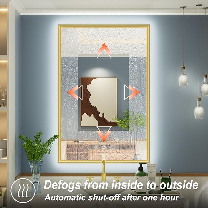 24x36 Inch Gold LED Bathroom Mirror with Front and Back Lighting, 3 Color Temp, Dimmable, Anti-Fog, Aluminum Frame Wall Mounted Lighted Bathroom Vanity Mirror