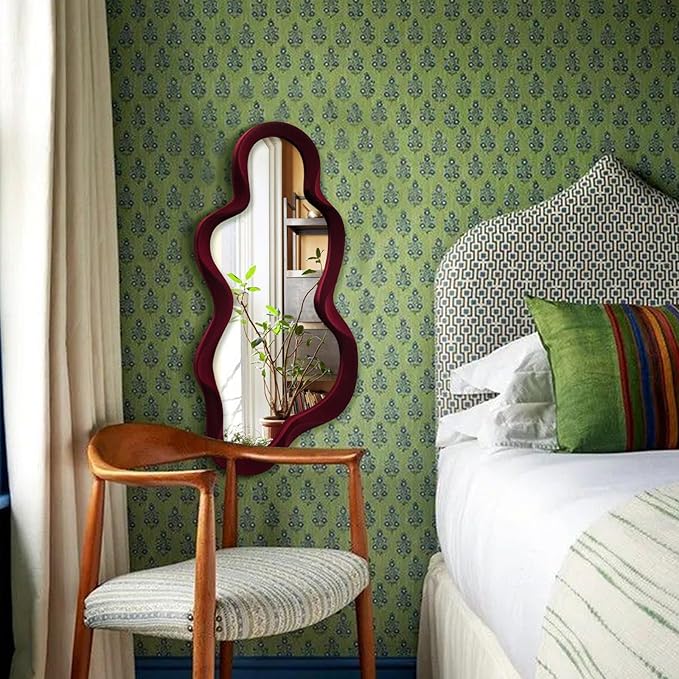 Mirror Wall Decor for Vintage Living Room Bedroom, 13.8x29.7 Asymmetrical Decorative Mirror for Entryway Porch Staircase, Retro Modern Hanging Wall Art Gift for Christmas Wedding (Wine Red)