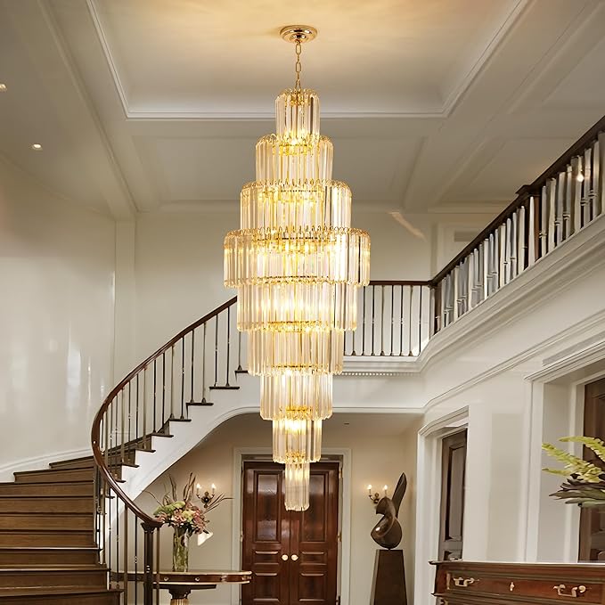 Luxury Modern Staircase Crystal Chandeliers Long 9-Tier Large Foyer Entrance Chandeliers for High Ceiling Light Fixture for Stairse Entryway Dia 23.7" - 20 Lights Gold