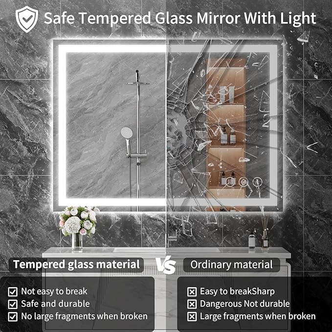 Koonmi 32"x24" LED Mirror for Bathroom, 90CRI Anti-Fog Vanity Mirror with Front and Backlight, Shatter-Proof Wall Mirror with Light, Easy Install Lighted Mirror for Modern Bathroom (IP65)