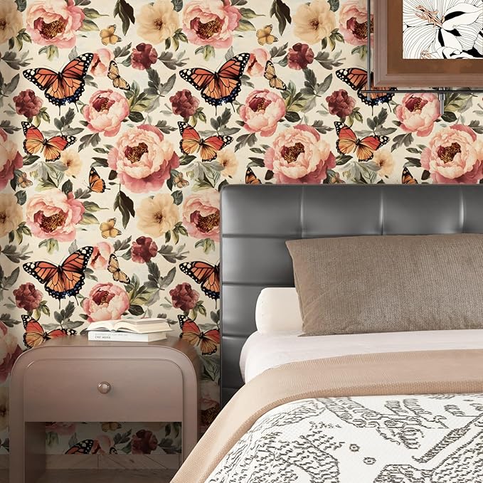 Beige Floral Wallpaper Vintage Butterfly Contact Paper Boho Leaf Wall Paper for Bathroom Shelf Liner Drawer Backsplash Retro Removable Waterproof Peel Stick 17.5 x 118In