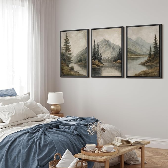 MUDECOR Framed Wall Art Print Set Mountain Landscape Nature with Trees, Lake, and Mountains, Rustic Illustrations Modern Art Decorative Colorful for Living Room, Bedroom, Office - 16"x24"x3 Black