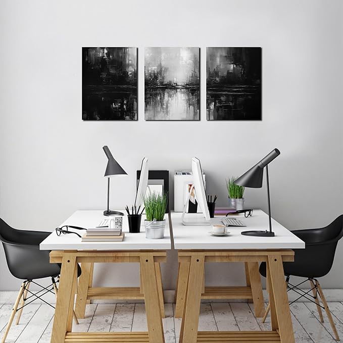 Abstract Painting Canvas Wall Art for Office,Black and White Wall Decor for Bedroom,3 Piece Wall Art Living Room 12 x 16 Inch Each Panel
