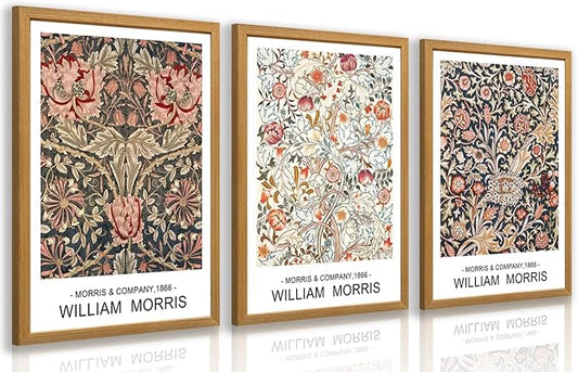 LLEEMPI William Morris Wall Art Set of 3, Vintage Botanical Wall Decor, Rustic Farmhouse Canvas Painting, Classic Minimalist Poster Prints for Bedroom Bathroom Office Wood Framed 16x24 Inch