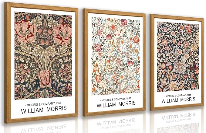 LLEEMPI William Morris Wall Art Set of 3, Vintage Botanical Wall Decor, Rustic Farmhouse Canvas Painting, Classic Minimalist Poster Prints for Bedroom Bathroom Office Wood Framed 12x16 Inch
