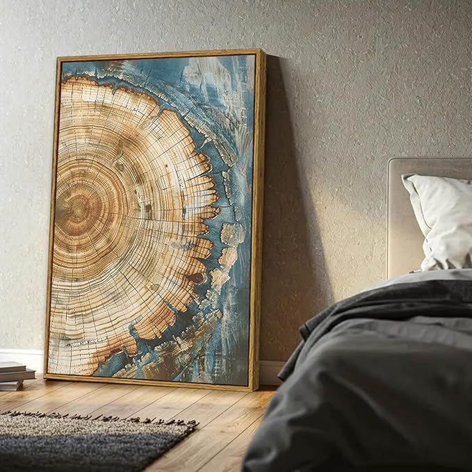 BingruiArt Large Framed Tree Ring Wall Art Wood Canvas Green Boho Wall Decor Rustic Artwork Abstract Painting Farmhouse Picture Nature Print for Living Room Bedroom Bathroom 24"x36" Natural Framed(08)