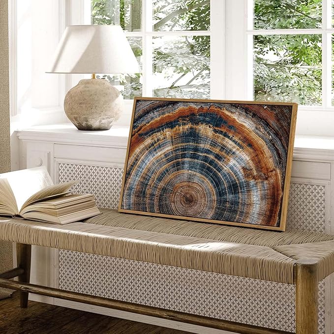 BingruiArt Framed Tree Ring Canvas Wall Art Abstract Wood Wall Decor Boho Modern Colorful Nature Painting Wood Stump Prints Pictures for Living Room Bedroom Bathroom Office 16"x24" Natural Framed(04)