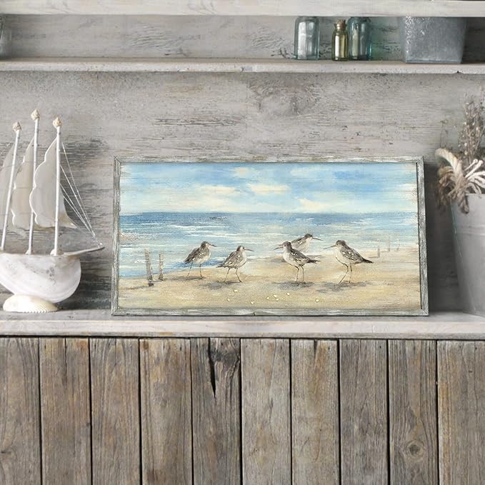 Beach Framed Painting Wall Decor: Abstract Ocean Wall Art Coastal Oil Painting Style Seagulls Picture Printed on Wood Seascape Artwork for Office 24"x12"