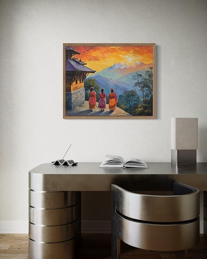Nepal Art Print Poster, Asia Oriental Countries Culture Wall Art Asian Paintings for Bedroom Bathroom Living Room Decor 97 (Nepal, 24 x 36 inches, Wood Frame)