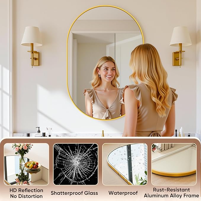 Antok Wall Mirror, 20"x36" Bathroom Vanity Mirror, Anti-Rust HD Tempered Glass, Wall Mounted Mirrors for Living Room, Entryway, Hallway, Gold Frame, Oval