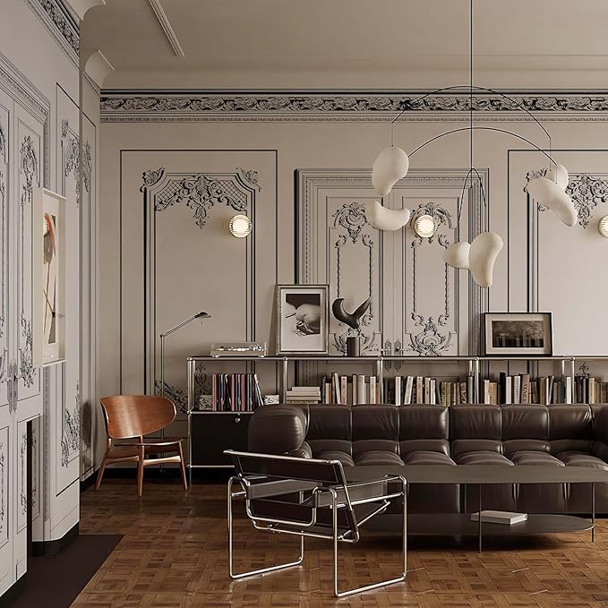 Large 3D Peel and Stick French Wallpaper Mural 148" W x 98" H Classic Black and White Interior Wall with Mouldings Mural Vintage Architectural Wallpaper for Bedroom TV Background Living Room