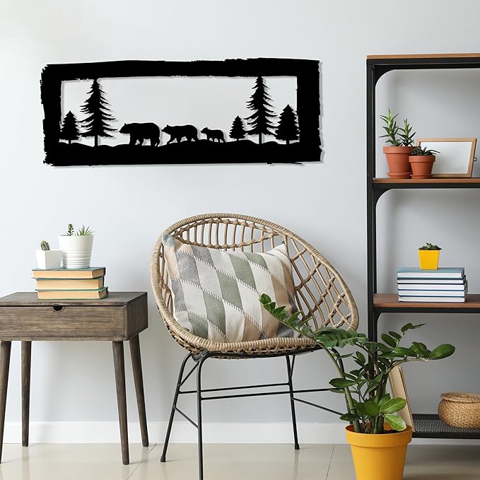 Bear Family Metal Wall Art, Bear and Pine Tree Forest Wall Hanging, Metal Framed Wildlife Wall Decoration, Animal Art, Farmhouse Wall Decorations, Cabin Decor, Over Bed Decor, Home Decor, Nature Lover Gift