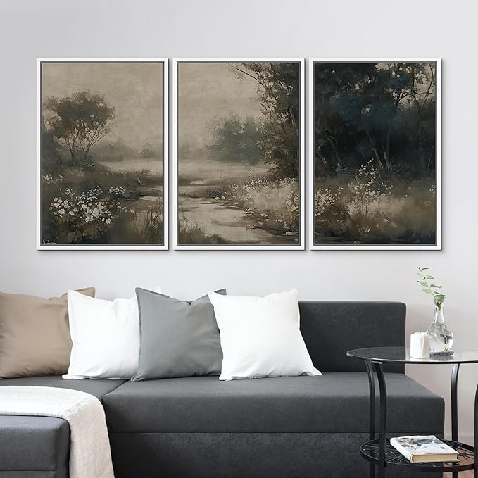 MUDECOR Framed Wall Art Print Set Vintage Landscape Subtle Forest and River in Earthy Tones Illustrations Modern Art Boho Decorative Colorful Chic for Living Room, Bedroom, Office - 24"x36"x3 White
