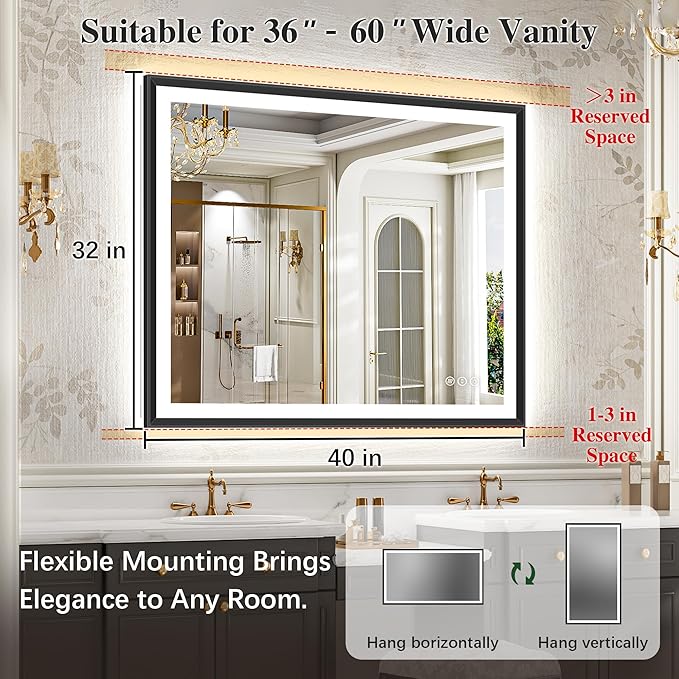40x32 Black Framed Led Bathroom Mirror with Lights, Front Lit and Backlit, Lighted Vanity Mirror for Bathroom Wall, Anti-Fog, Dimmable, 3 Colors, Memory, HD Tempered Glass