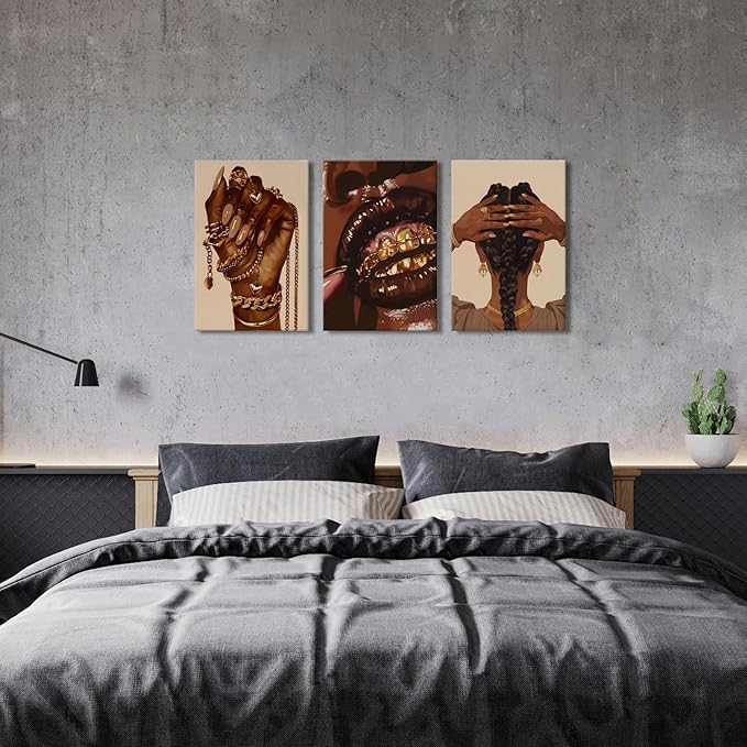 Black Girl Canvas Wall Art Living Room Modern Abstract Gold Jewelry Accessories Canvas Painting African Female Framed Artwork Woman Room Decor Living Room Bathroom Fashion Home Decorations 16x24 3Pcs