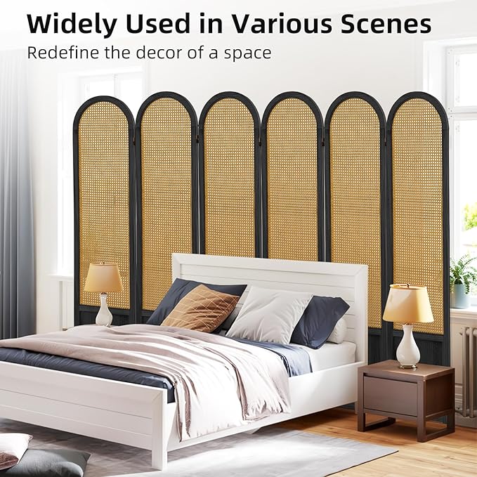 6 Panel Room Divider and Folding Privacy Screen, 5.6 Ft Foldable Double Hinged Rattan Partition, Hand-Woven Rattan Room Divider Portable Wood Freestanding Wall Divider for Room Separation - Black