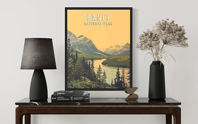 Banff National Park Wall Art Poster Print, Vintage Retro Landscape Scenery Painting Artwork Travel Prints Decor Cityscape Landmarks Gallery 27 (Banff National Park, 8 x 10 inches, Black Frame)