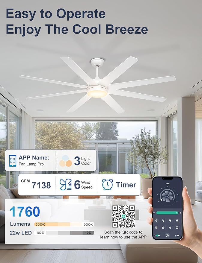 72 Inch Large Ceiling Fans with Lights, 8 Blades White Ceiling Fan Remote/APP Control, Dimmable, Reversible Big Ceiling Fan for Indoor/Covered Outdoor