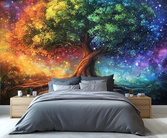 Colorful Tree Crowns Wall Murals, Thick Tree Trunks Mural Wallpaper, Starry Sky Wall Decor, Brilliant Colors Mural for Bedroom, Treescapes Wallpaper for Living Room 196"（W） x 125"（H）