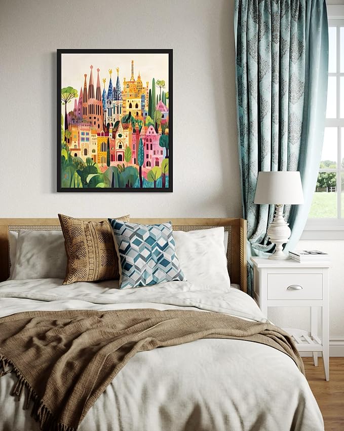 Barcelona Spain Wall Art Poster Print, Vintage Retro Landscape Scenery Painting Artwork Travel Prints Decor Cityscape Landmarks Gallery 27 (Barcelona Spain, 18 x 24 inches, Unframed)