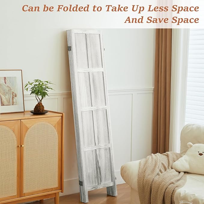 4 Panel Room Divider and Folding Privacy Screen, Classic 5.6Ft Wood Room Divider Wall, Partition Screen Divider for Room Separation for Home Office, Bedroom, Office, Dressing Room, White
