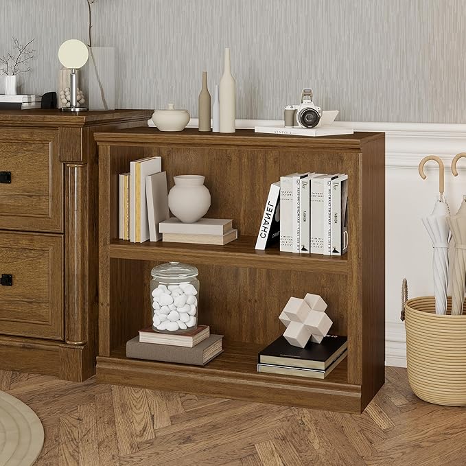 Bookcase, 2 Tiers S Bookshelf Open Storage Organization, Floor Standing Indoor Furniture Book Case for Library Office Living Room Bedroom, Vintage Oak - 2 Tier