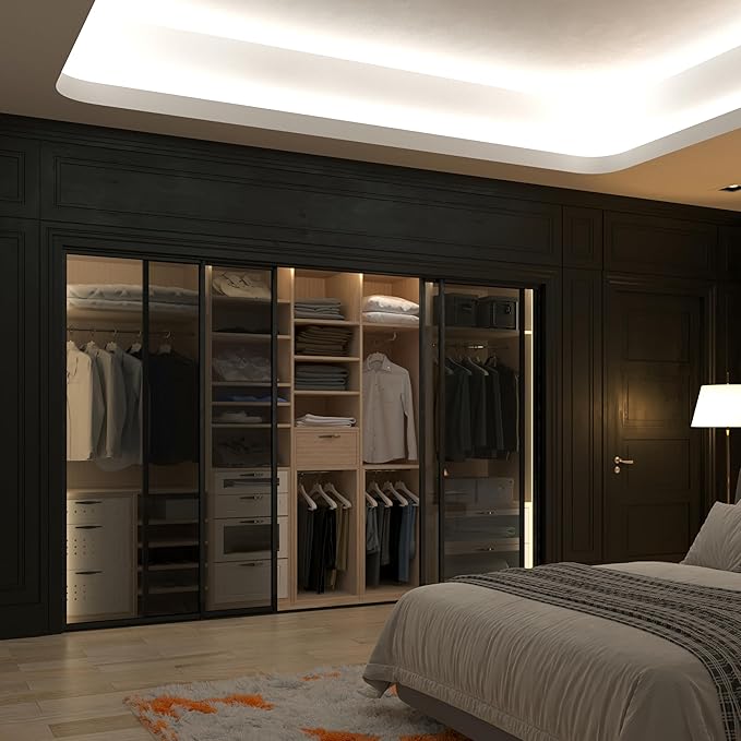 4 Panel Glass Room Divider and Sliding Glass Closet Doors - Smoked Frosted Partition Wall - Clear, Smoked and Frosted Glass Sliding Doors Options (Lite Smoked Glass, 96x80)