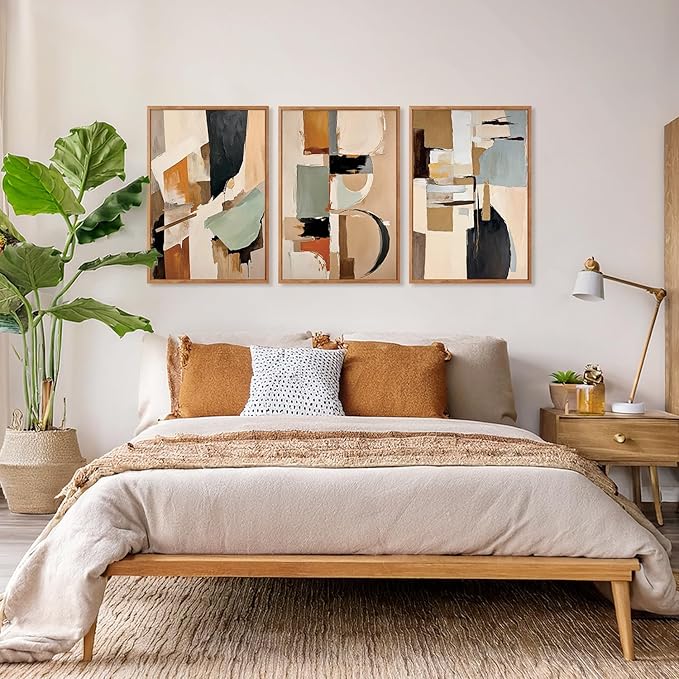 Aurlan Neutral Japandi Wabi Sabi Hand Painted Wall Art(16"x24"), 3PCS Abstract Modern Minimalist 3D Textured Canvas Artwork, Large Contemporary Terracotta Brush Strokes Decor Prints for Office Bedroom