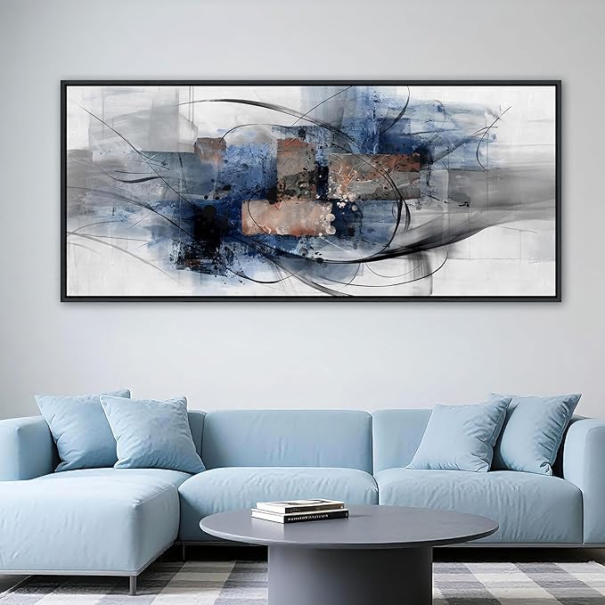 Mofutinpo Black and Blue Wall Art - Abstract Canvas Wall Art for Living Room, Bedroom, Office - Modern Black and White Paintings,Blue and Grey Wall Decor, Large Artwork and Pictures for Wall 31×70IN