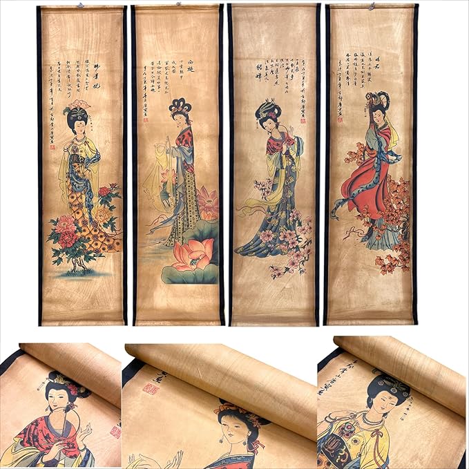 CIFIBIFUN Wall Asia Art Prints Posters Painting Eastern Vintage Style,4 Panels Old Paper Scroll Wood Framed Ready to Hang,Super Large Home Walls Decor Women