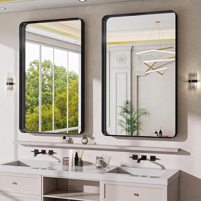 Bathroom Mirror Vanity for Over Sink Wall Mirror - 30x48 Inch Rounded Corner Rectangle Aluminum Frame Mirror,Hangs Horizontally or Vertically for Living Room Bedroom or Entryway Black