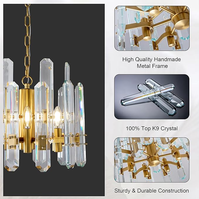18" Modern Crystal Chandelier, 6-Light Luxury Gold Chandelier for Dining Room, Living Room, Bedroom, Foyer, Kitchen, Restaurant, Contemporary Round Adjustable Chain Chandeliers K9 Light Fixture