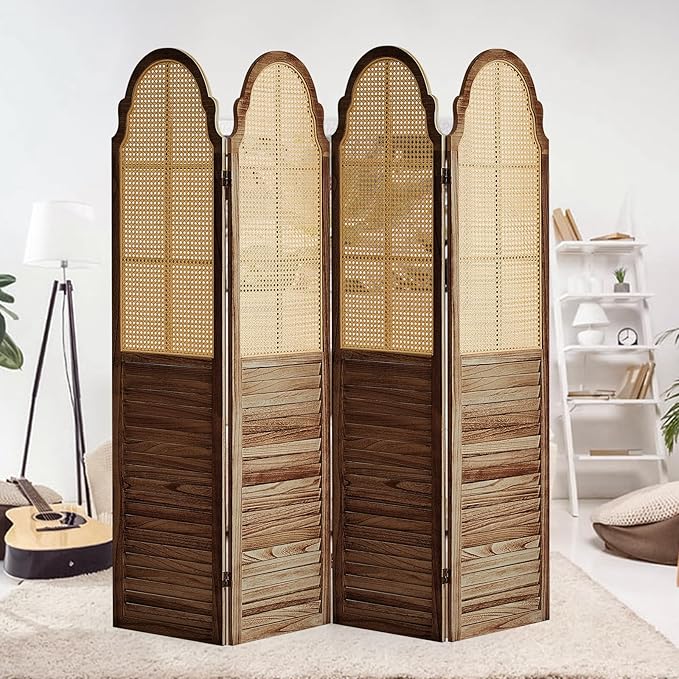 4 Panel Rattan Room Divider, 6 FT Tall Portable Partition Solid Wood Frame Folding Privacy Screen, Partition Room Divider Ideal for Bedroom Living Room Office, Dark Brown