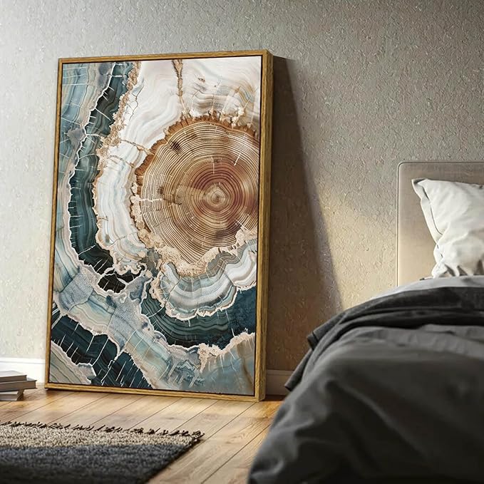 BingruiArt Large Framed Tree Ring Wall Art Wood Canvas Colorful Boho Wall Decor Rustic Artwork Abstract Painting Farmhouse Picture Nature Print for Living Room Bedroom Bathroom 24"x36" Natural Framed(06)