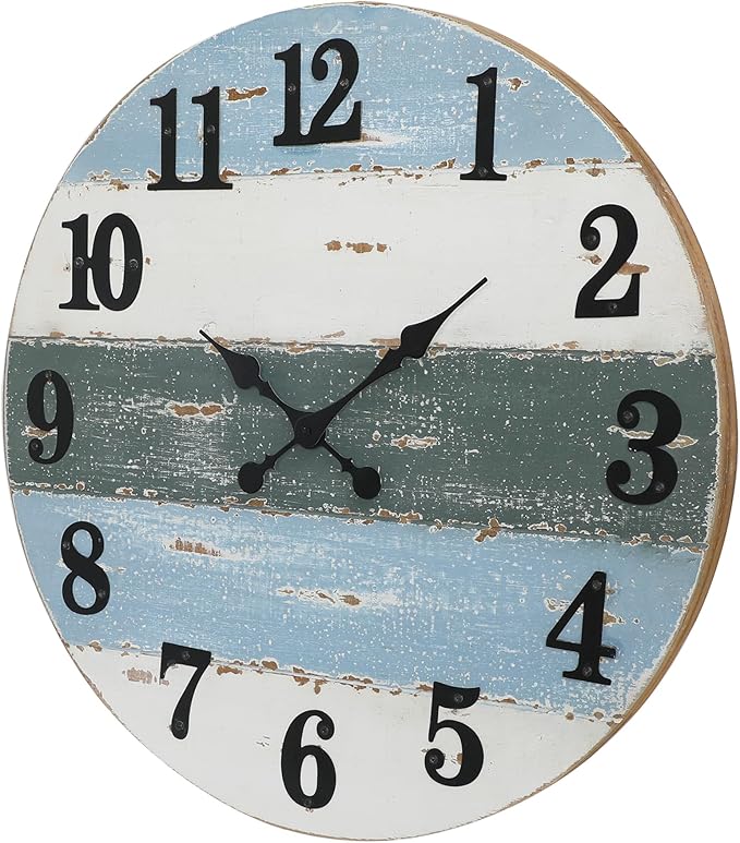 24" Large Beach Coastal Nautical Wall Clock, Wooden Wall Clocks Battery Operated,Vintage Farmhouse Decorative for Living Room, Kitchen, Home, Bedroom, Laundry Room, Blue