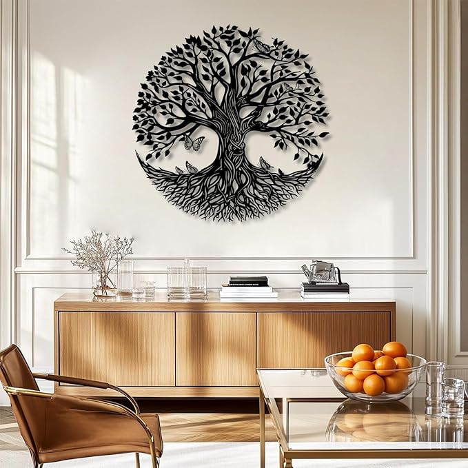 Metal Tree of Life Wall Decor, Circle of Life Metal Trees Wall Art, Branch Art, Spiritual Decor, Modern Sculpture Decoration, Living Room Bedroom Decoration (Sliver-Tree 4, 39"x 39"| 100x100cm)