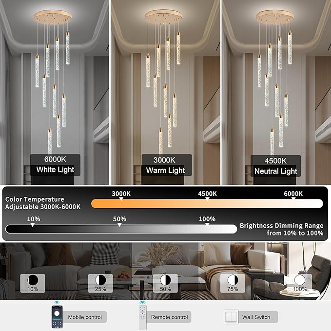 9-Light Gold High Ceiling Crystal Staircase Chandelier, Modern Spiral Raindrop Dimmable LED Bubble Cluster Ceiling Hanging Lighting Fixture for Foyer Living Room Entrance Remote Control